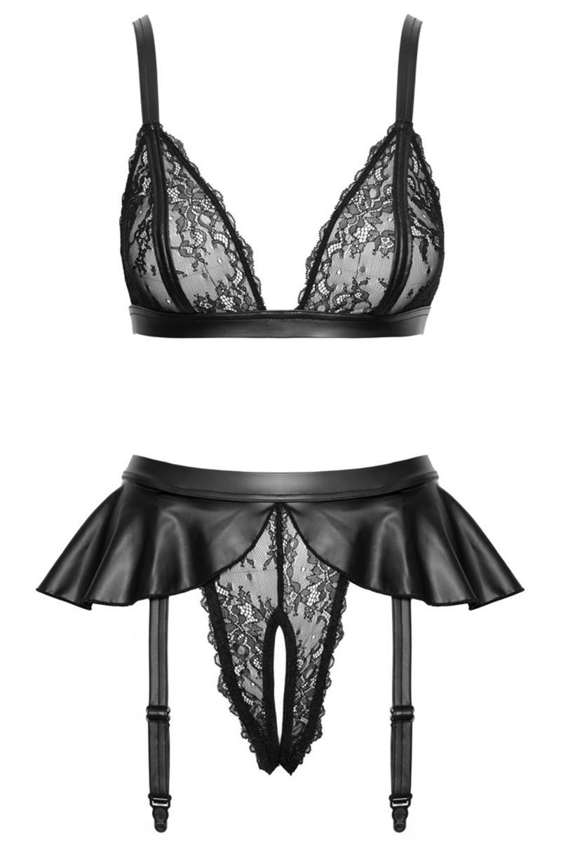 Soutien-gorge et slip fendu à jarretelles noir