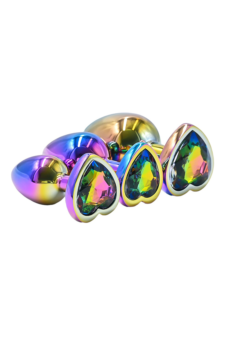 3 plugs coeur Crystal Heart métal arc-en-ciel - DIK
